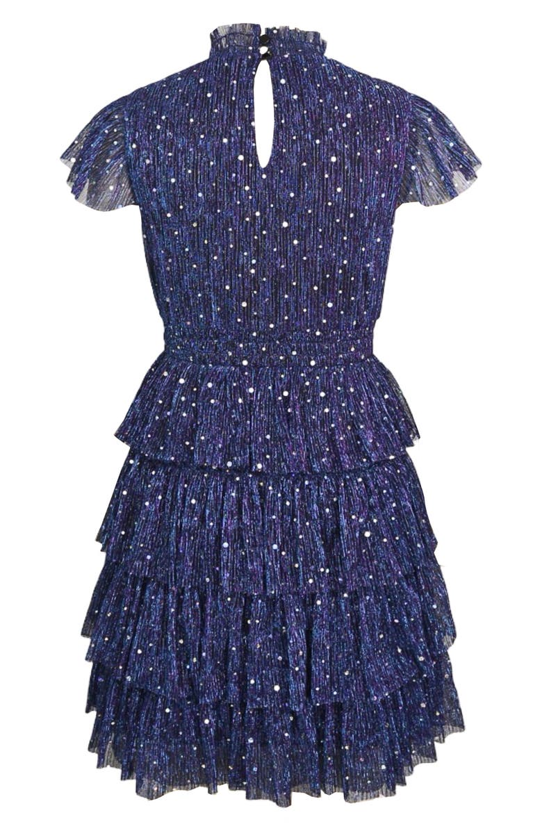 Zunie Kids' Flutter Sleeve Metallic Plissé Dress, Alternate, color, Blue/ Black Multi