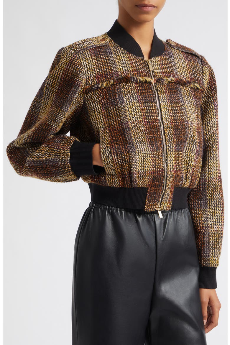 Pierce Fringe Detail Tweed Bomber Jacket, Alternate, color, FIG MULTI