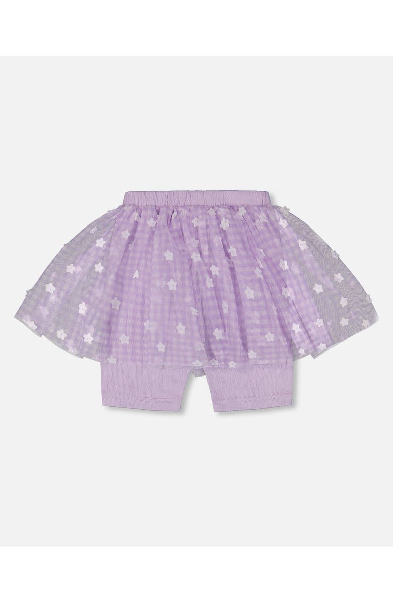 Deux par Deux Little Girl's Crinkle Biker Short With Flower Mesh Skirt Lilac With White Flowers, Alternate, color, 