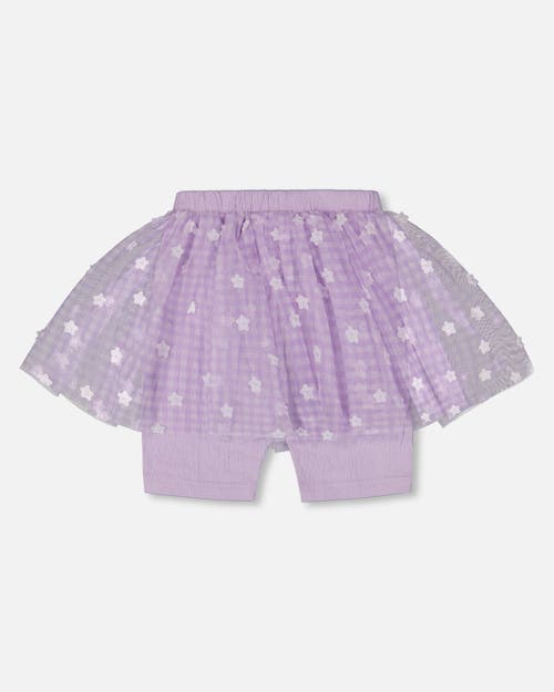 Deux Par Deux Little Girl's Crinkle Biker Short With Flower Mesh Skirt Lilac With White Flowers In Lilac With White Flowers