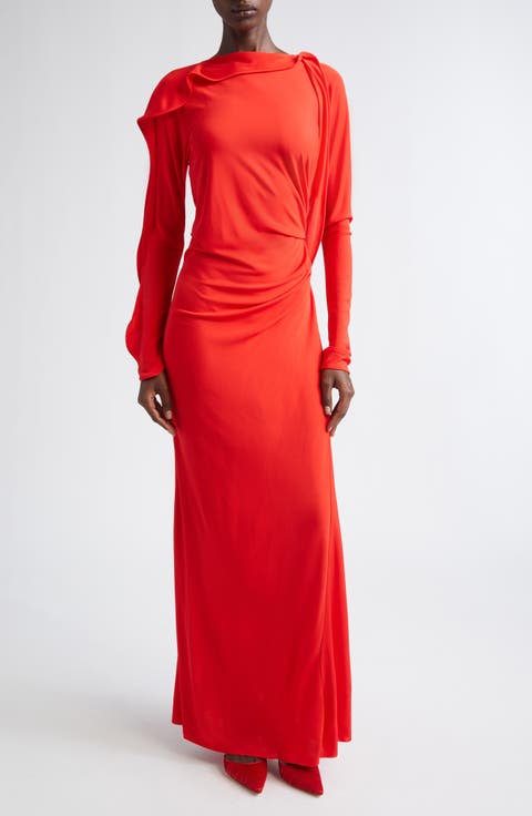 Long Sleeve Draped Jersey Gown