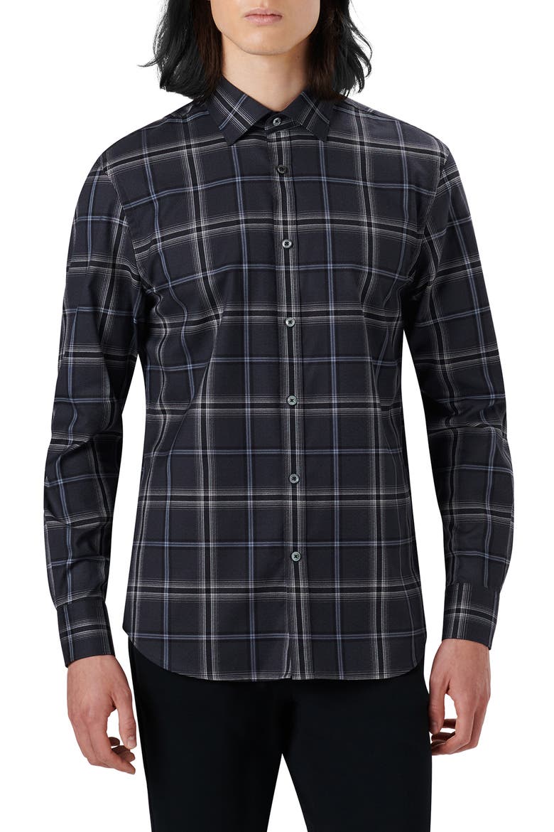 Julian Shaped Fit Plaid Print Stretch Cotton Button-Up Shirt, Main, color, GRAPHITE