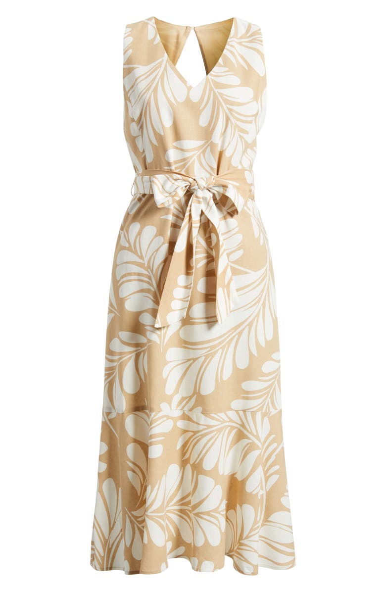 Anne Klein Leaf Print Sleeveless Midi Dress, Alternate, color, Desert Tan/ Egret