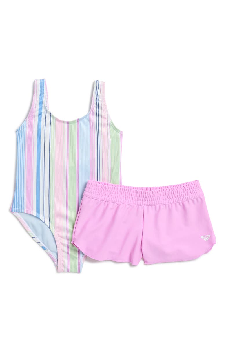Roxy Kids' Salty Stripe One-Piece Swimsuit & Cover-Up Shorts Set, Main, color, 