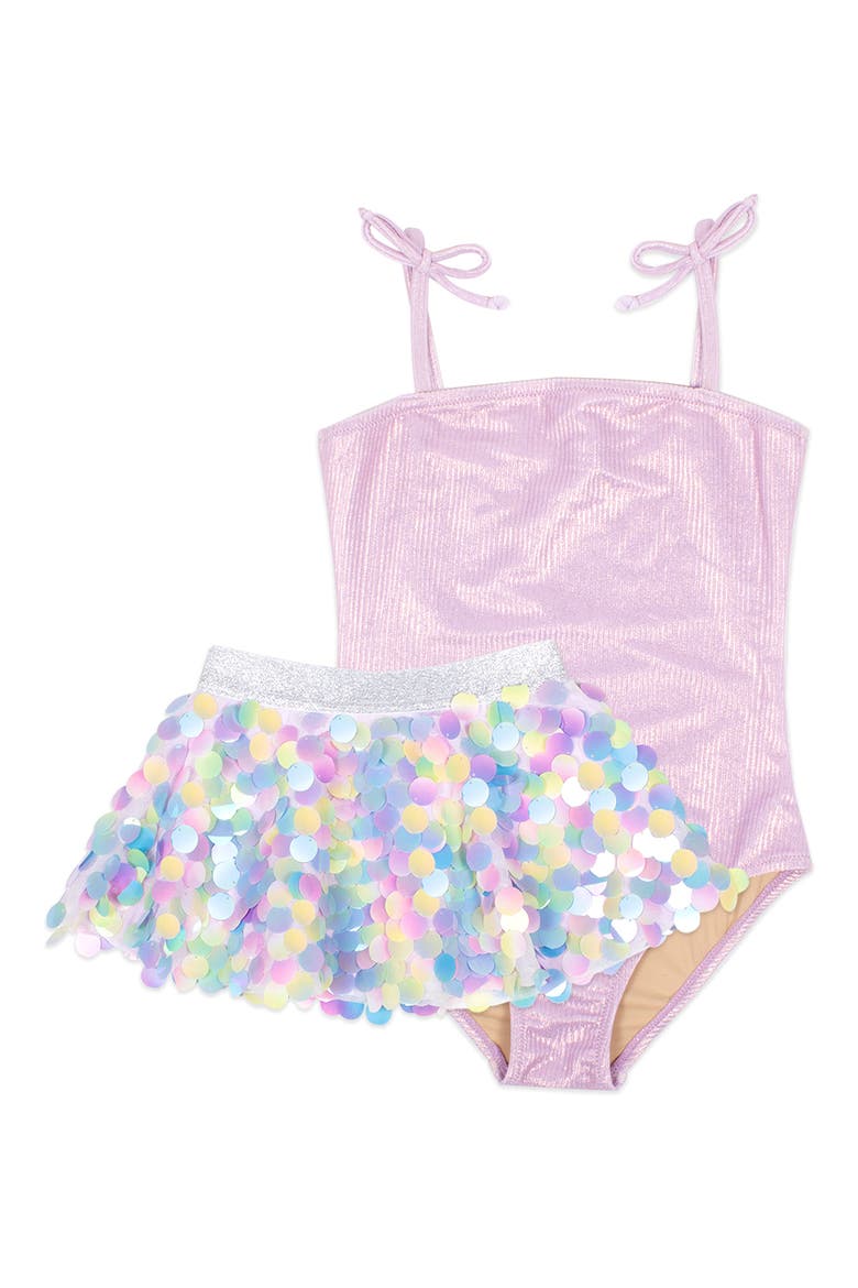 Kids' Lilac Shimmer One-Piece Swimsuit & Paillette Skirt Set, Main, color, LILAC