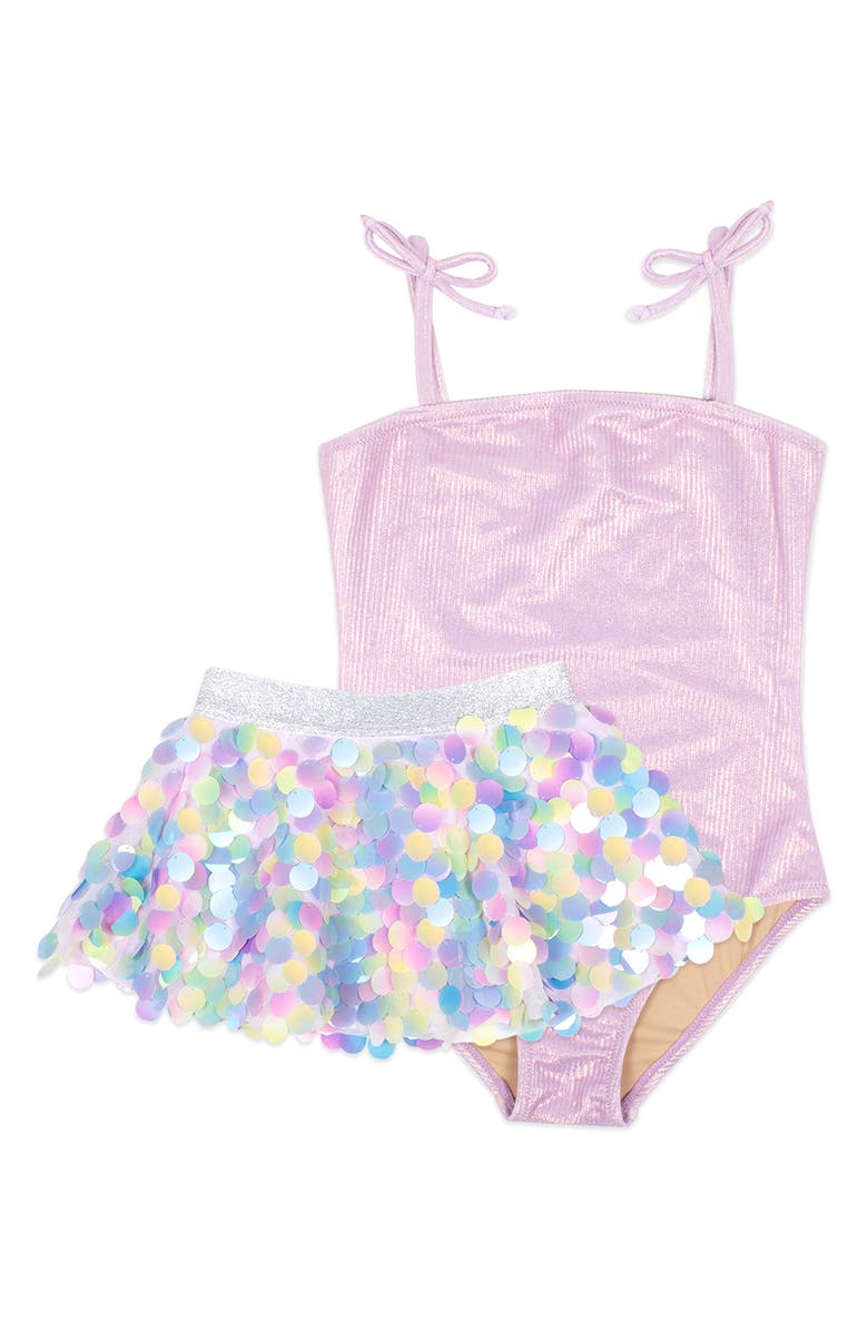 Shade Critters Kids' Lilac Shimmer One-Piece Swimsuit & Paillette Skirt Set, Main, color, 