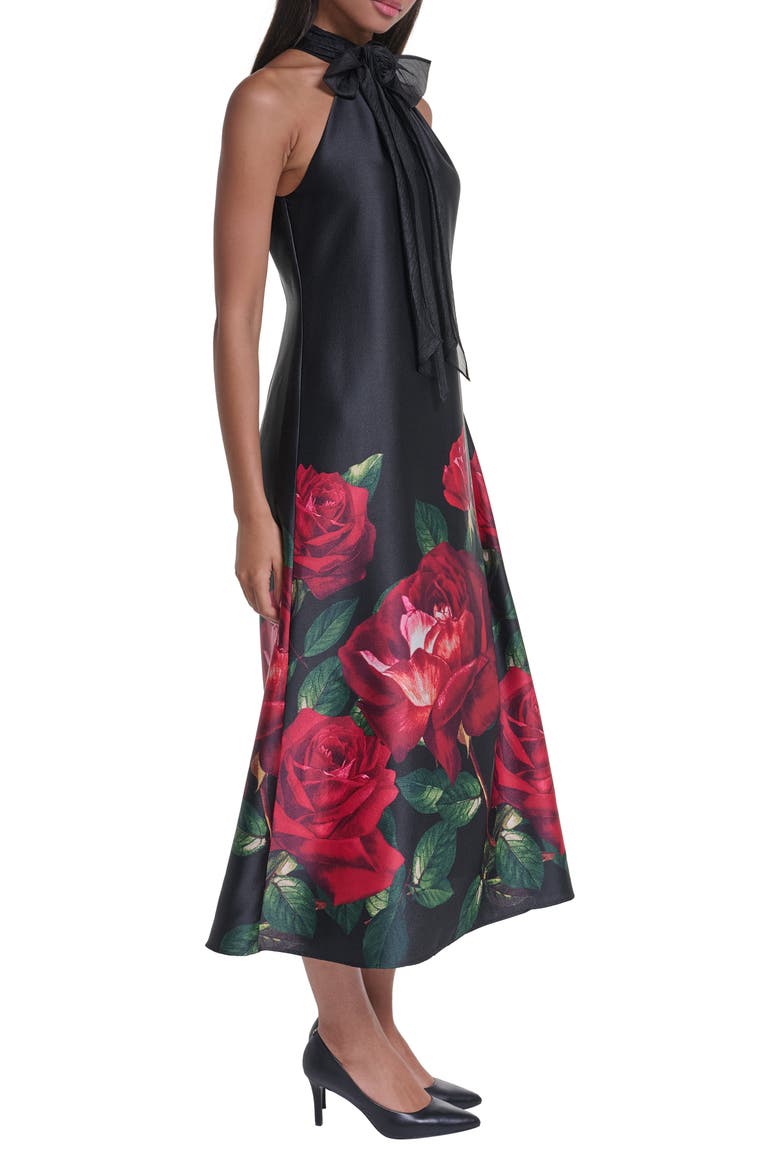 Floral Print Charmeuse Halter Cocktail Dress, Alternate, color, BLACK MULTI