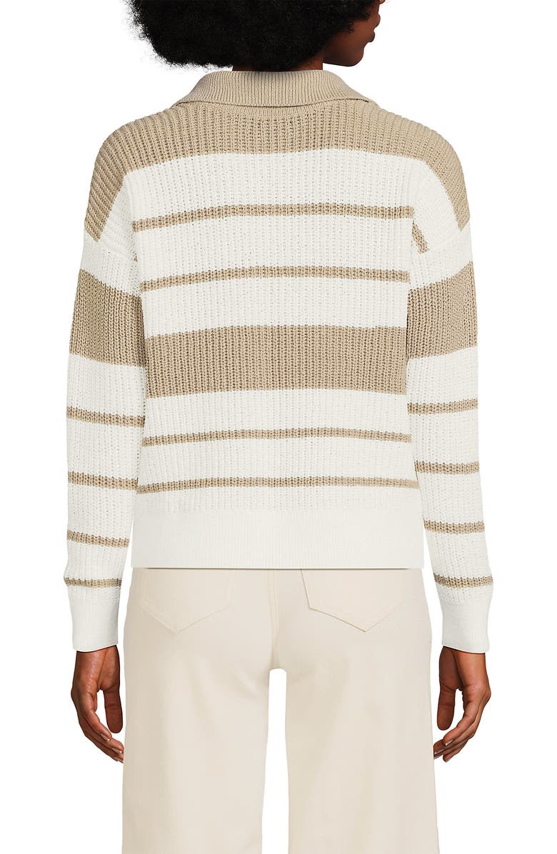 Lands' End Cotton Boucle Johnny Collar Textured Sweater, Alternate, color, Ivory/Champagne Stripe