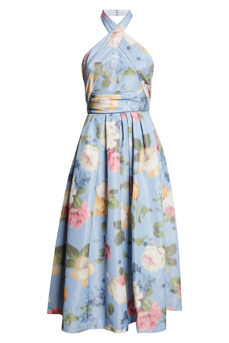 Chiné Floral Print Taffeta Halter Midi Dress, Alternate, color, CLOUDY BLUE MULTI