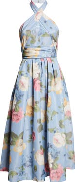 Carolina Herrera Chiné Floral Print Taffeta Halter Midi Dress