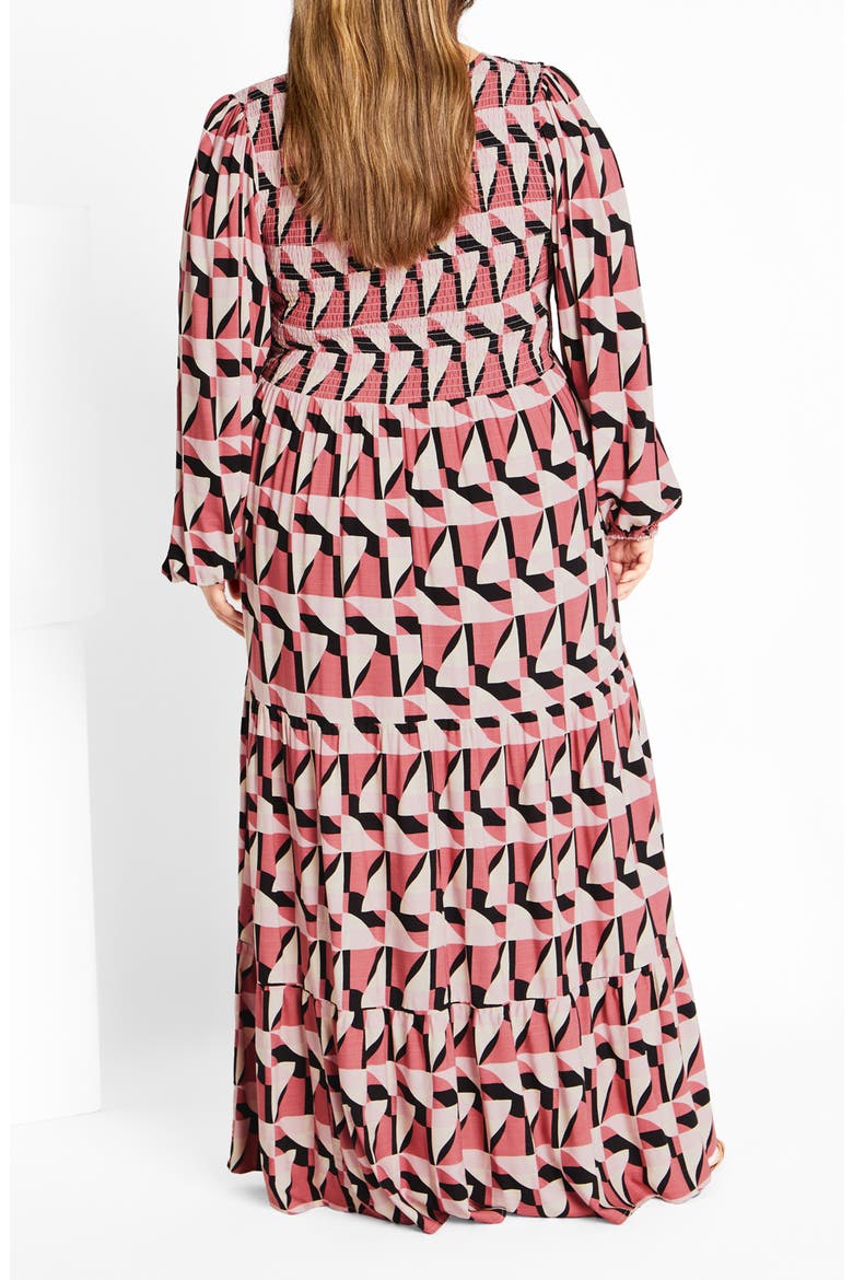 Adley Printed Smocked Bodice Long Sleeve Maxi Dress, Alternate, color, GEO PRINT