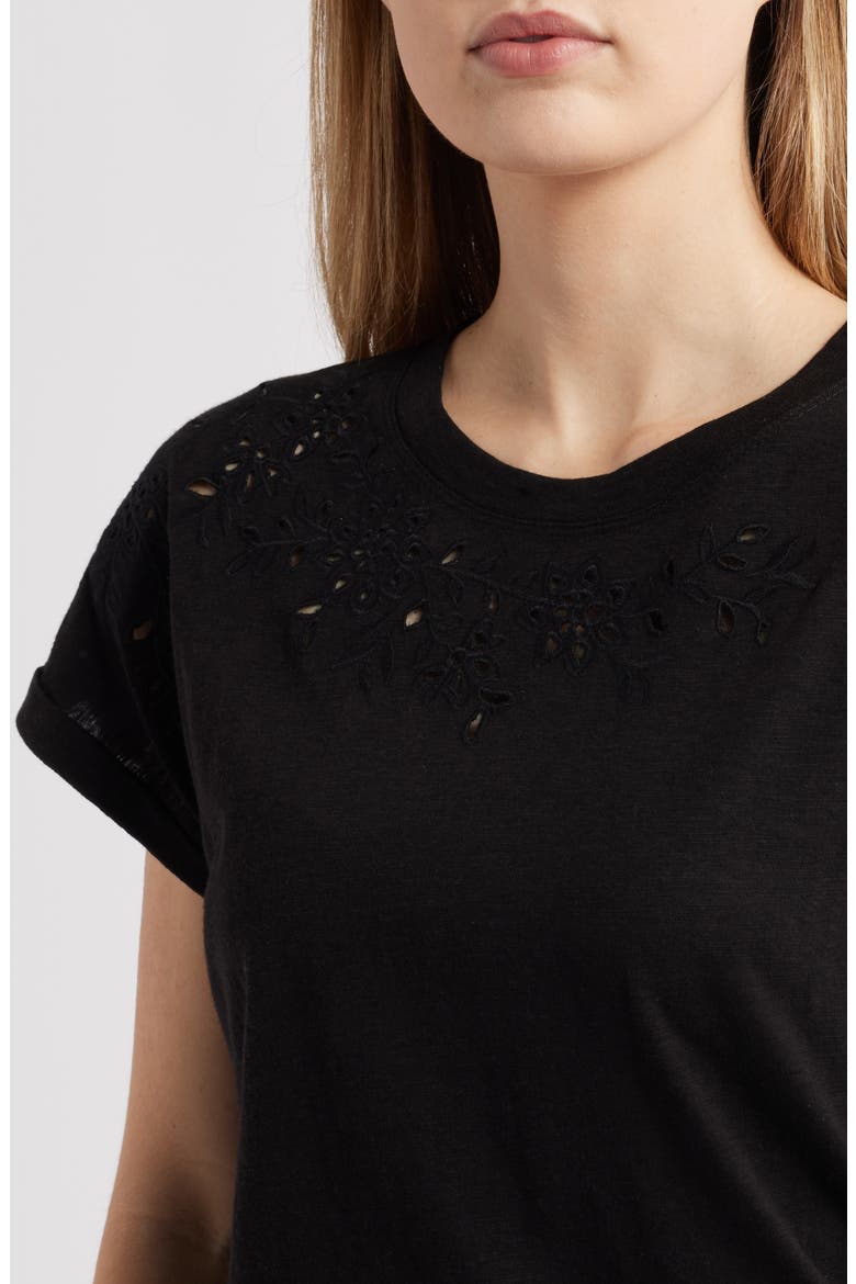 Embroidered Eyelet Cap Sleeve T-Shirt, Alternate, color, BLACK