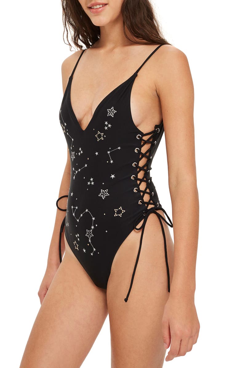 Topshop Cosmic Lace-Up One-Piece Swimsuit, Alternate, color, 