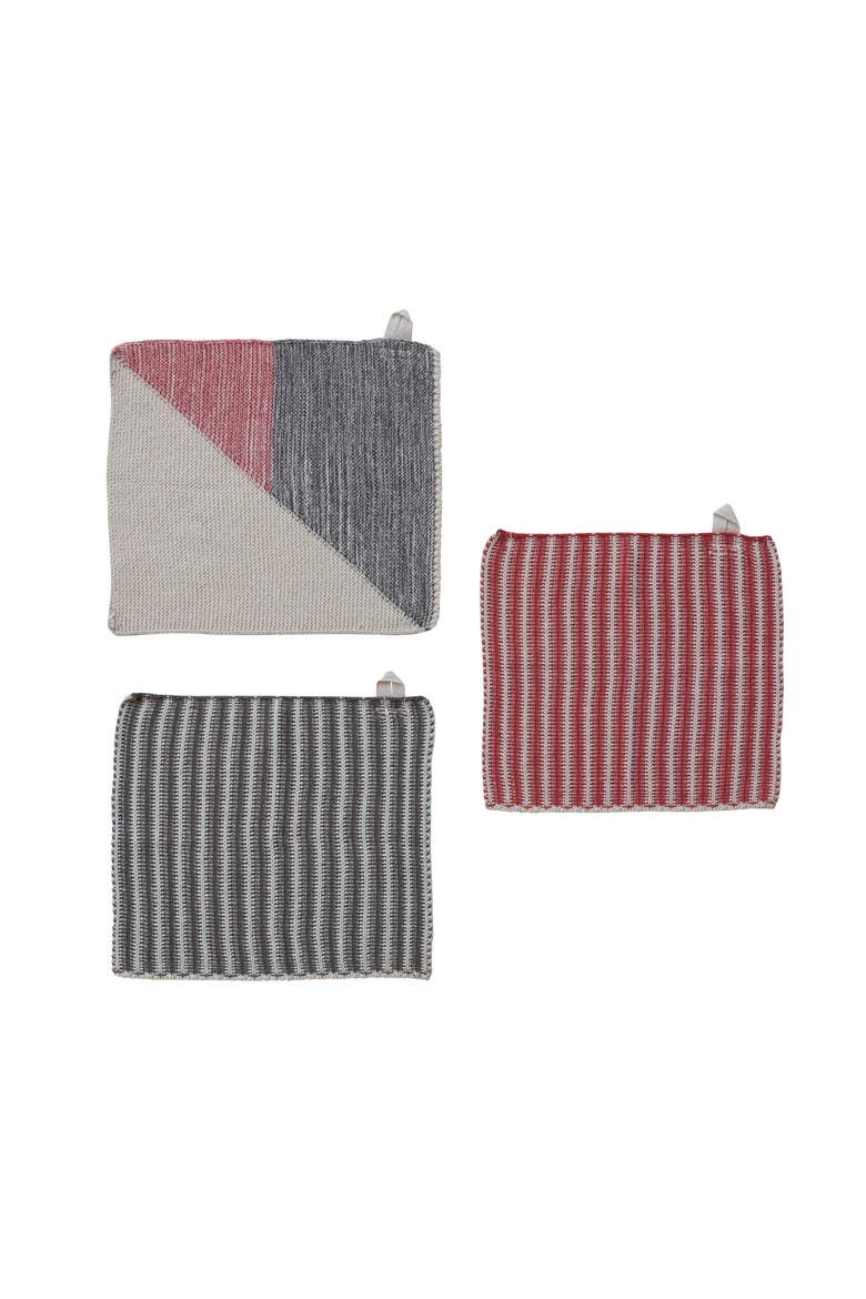 3-Piece Cotton Knit Dish Cloths with Pattern, Red, White and Grey, Main, color, Red