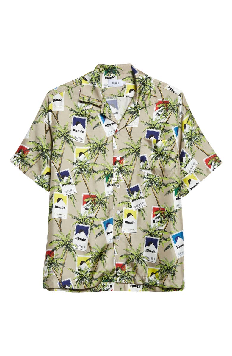 Rhude Palm Tree & Cigarette Print Silk Button-Up Camp Shirt, Alternate, color, 