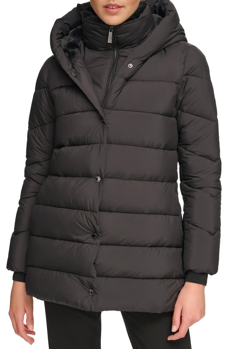 Calvin Klein Faux Fur Lined Hooded Bib Puffer Jacket, Main, color,