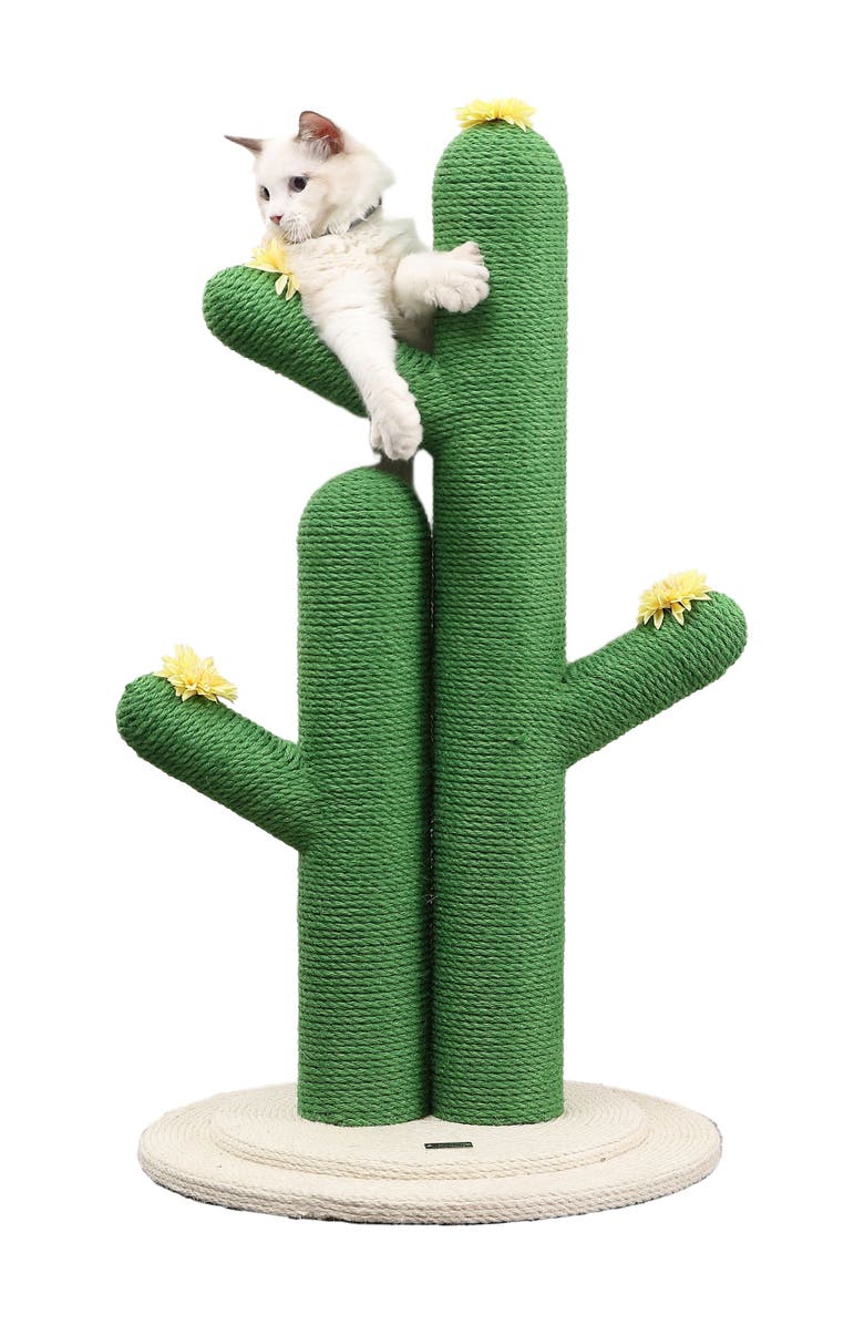 The Licker Store Socorro 34.25" Modern Jute Double-Cactus Cat Scratching Post with Flower Toys, Main, color, Green