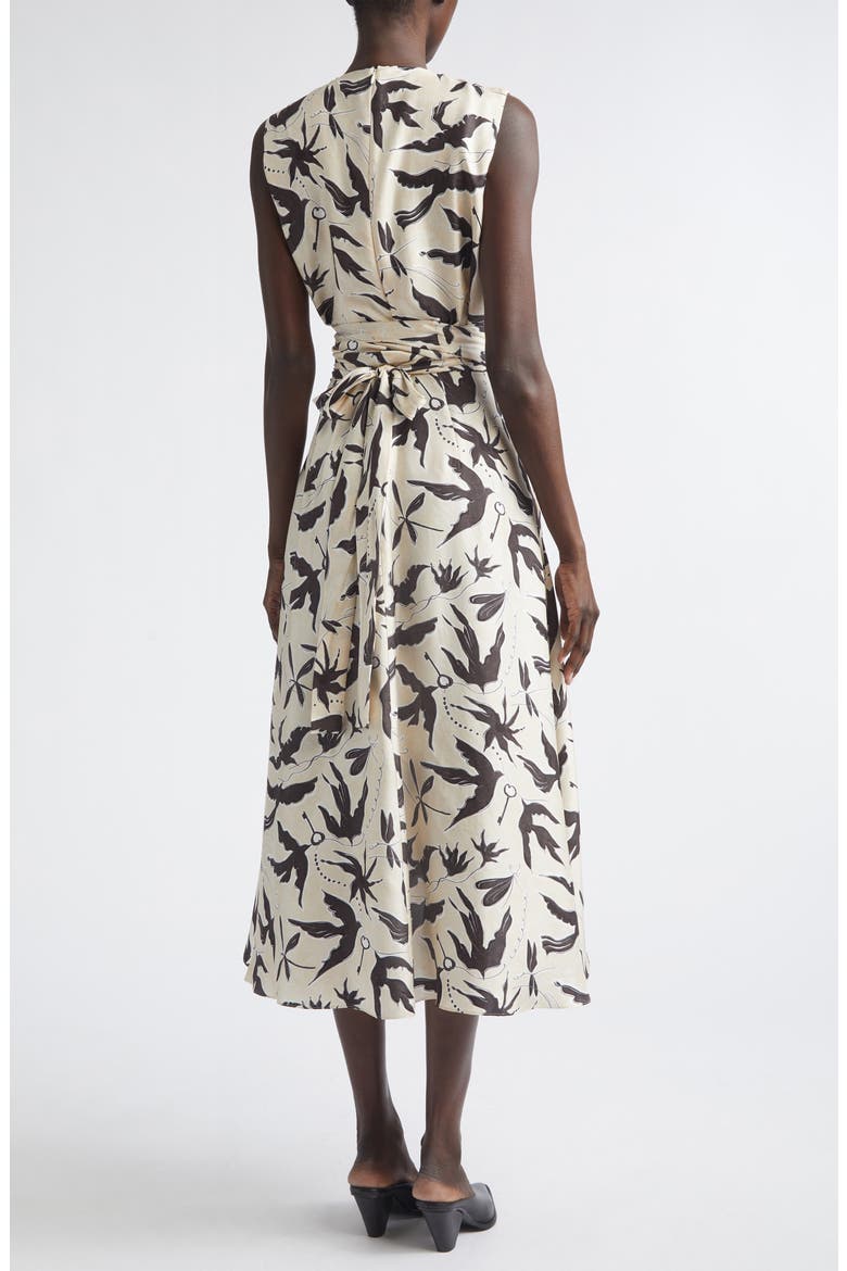 Penny Bird Print Draped Asymmetric Silk Dress, Alternate, color, 378172 TAPIOCA BIRD