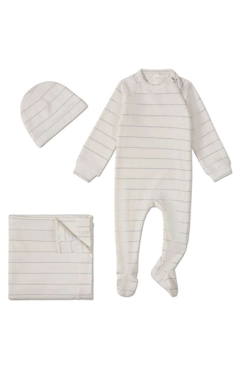 MiniMoi 3 Piece Unisex Baby Ribbed Shimmer Stripe Footie Set, Main, color, White