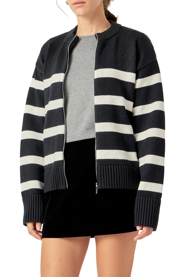 Stripe Zip-Up Cardigan, Alternate, color, BLACK/ IVORY