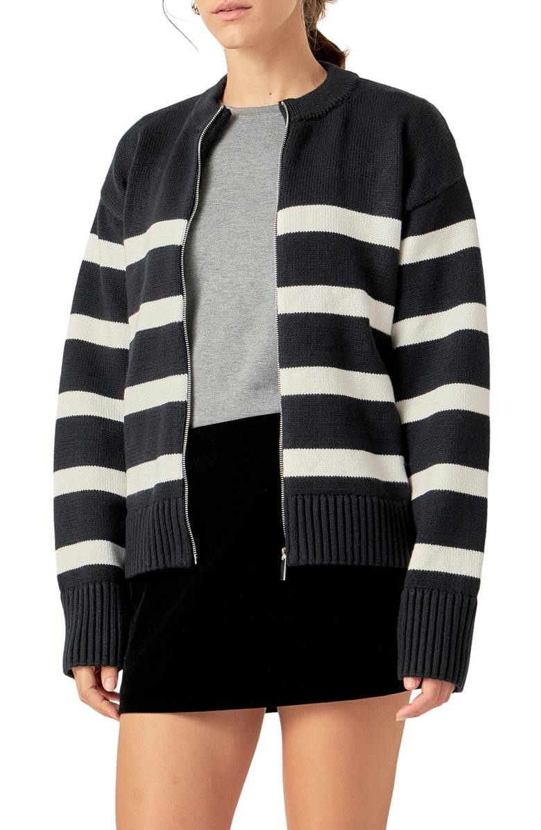 English Factory Stripe Zip-Up Cardigan, Alternate, color, Black/ Ivory