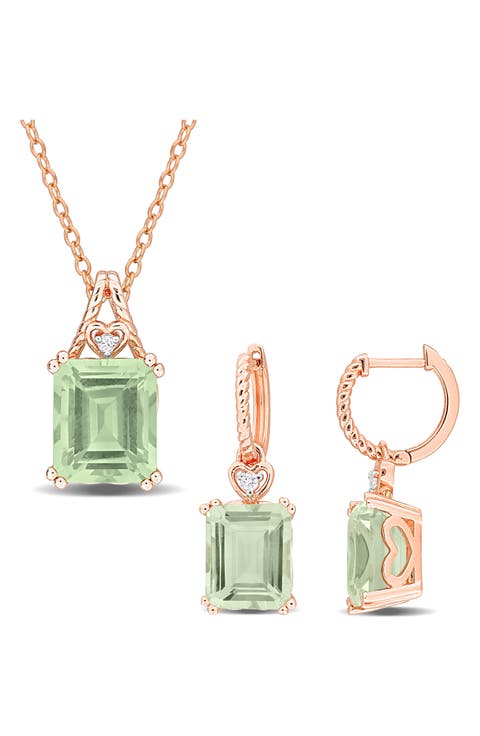 Emerald-Cut Green Quartz Earrings & Necklace Set