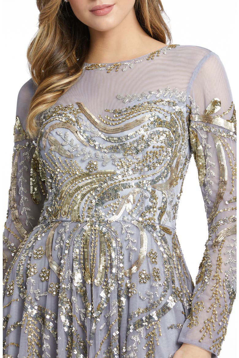 Long Sleeve Embellished Illusion Evening Gown, Alternate, color, PLATINUM GOLD
