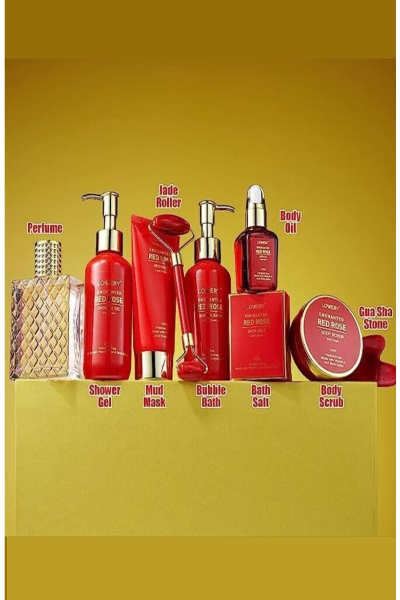 Luxe 11Pc Bath and Body Set with Perfume, Jade Roller, Gua Sha & More, Alternate, color, Red Rose / Gold