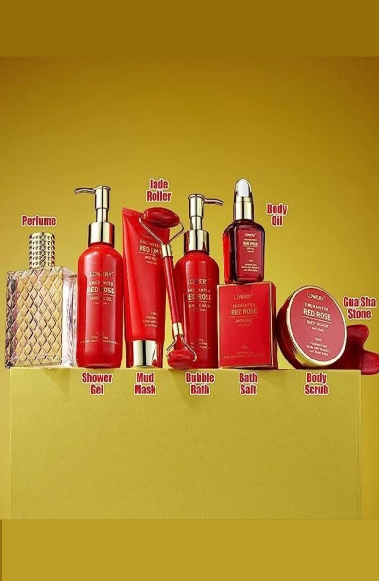 Lovery Luxe 11Pc Bath and Body Set with Perfume, Jade Roller, Gua Sha & More, Alternate, color, Red Rose / Gold
