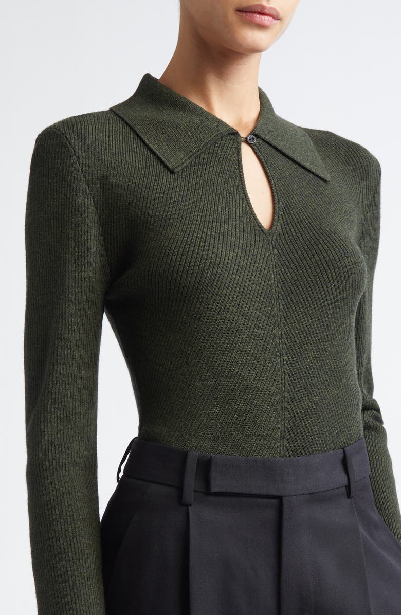 Emilia Wickstead Ambrose Keyhole Polo Wool Sweater, Alternate, color, Dark Green Melange