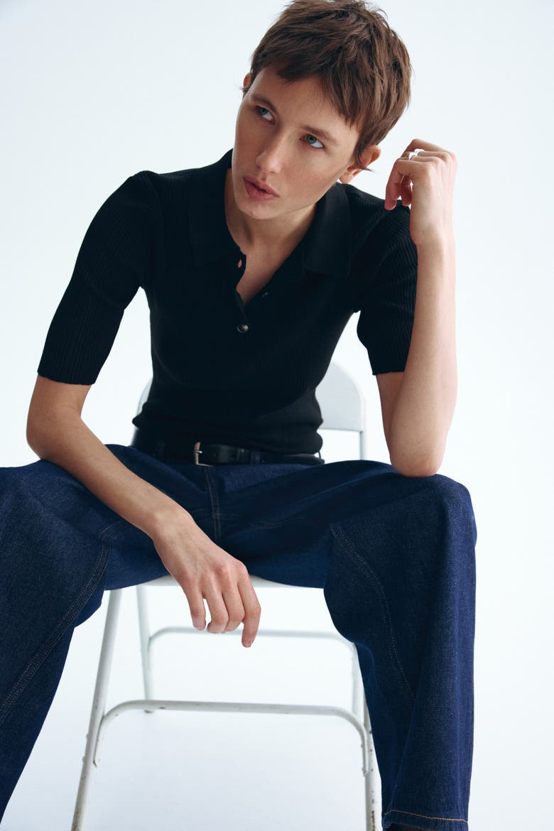 Pointelle-knit Top, Alternate, color, Black