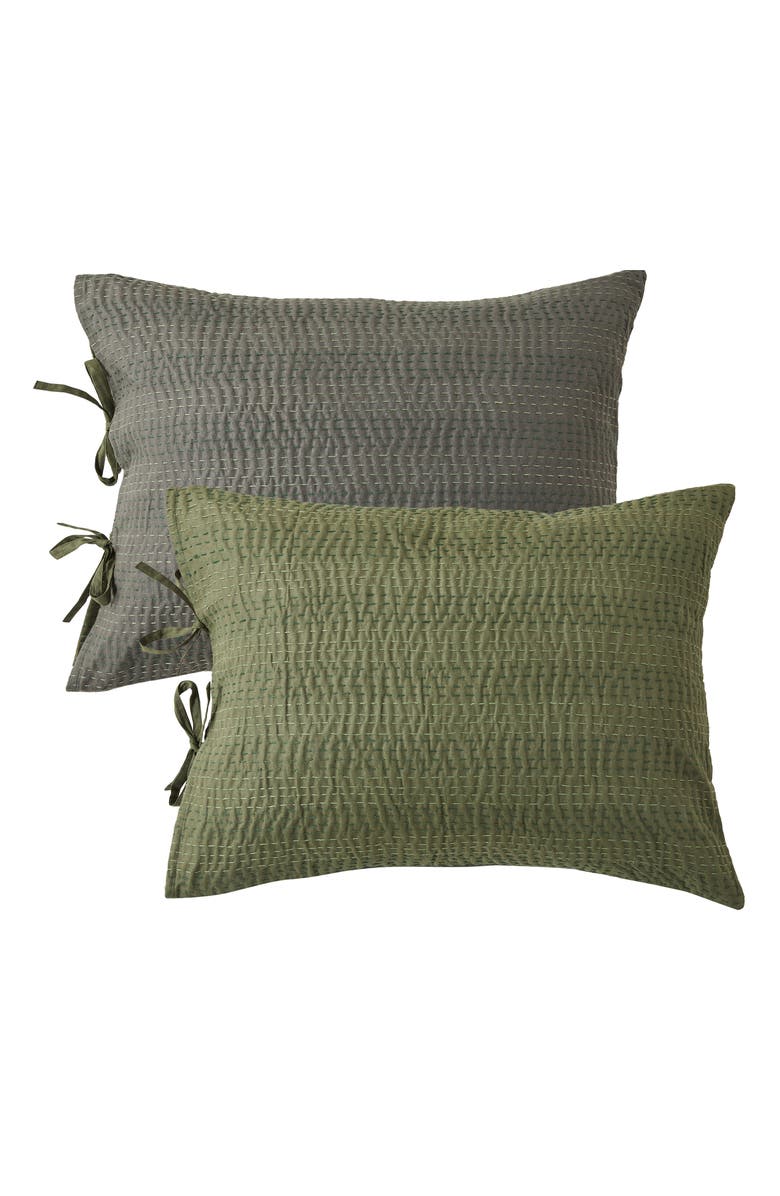 MELANGE HOME Kantha Set of 2 Reversible Cotton Shams, Main, color, Forest And Olive