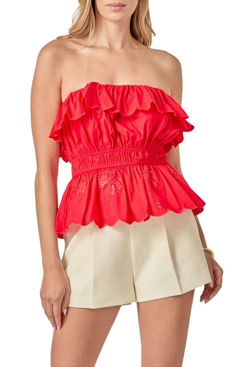 Embroidered Ruffle Strapless Top
