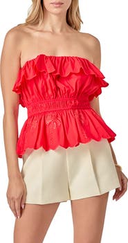 English Factory Embroidered Ruffle Strapless Top
