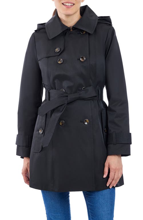 London Fog Hooded Double Breasted Cotton Blend Trench Coat in Black 