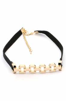 18k Gold Plated Link Leather Choker