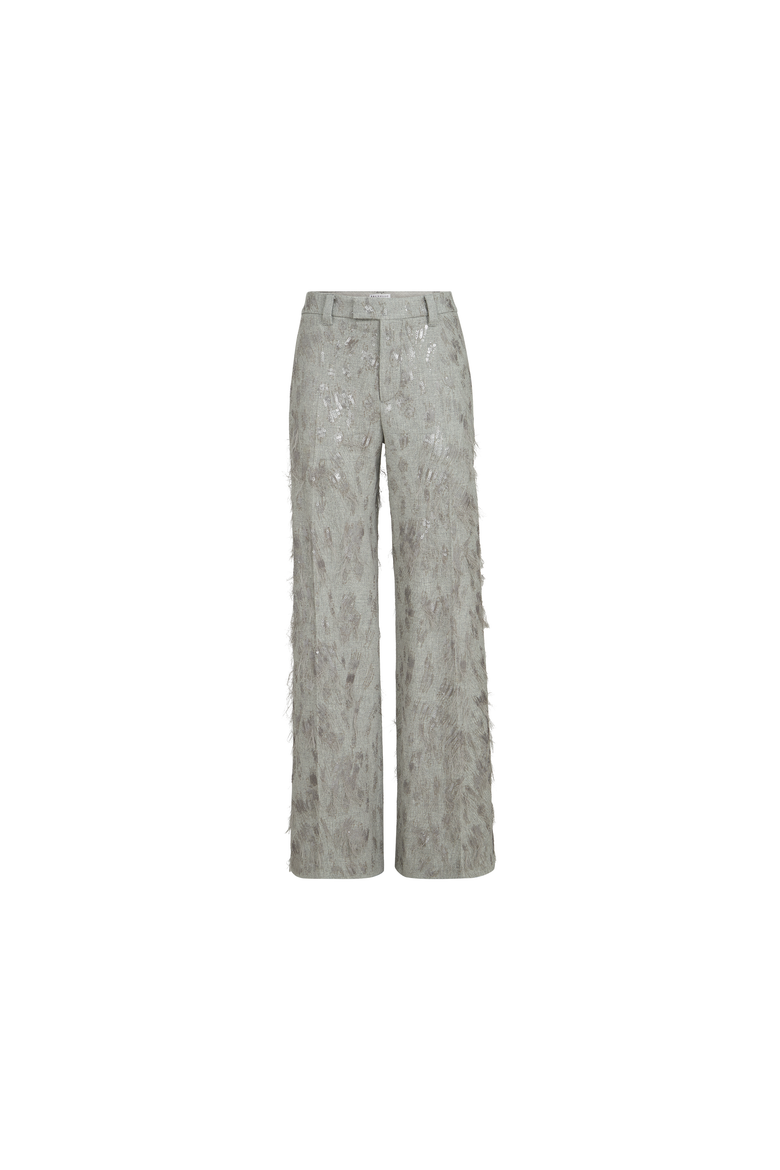 Virgin wool and cashmere twill flannel loose flared trousers with dazzling lynx embroidery, Alternate, color, Grey