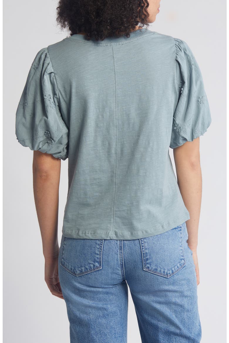 Embroidered Puff Sleeve V-Neck Top, Alternate, color, DUSTY SLATE