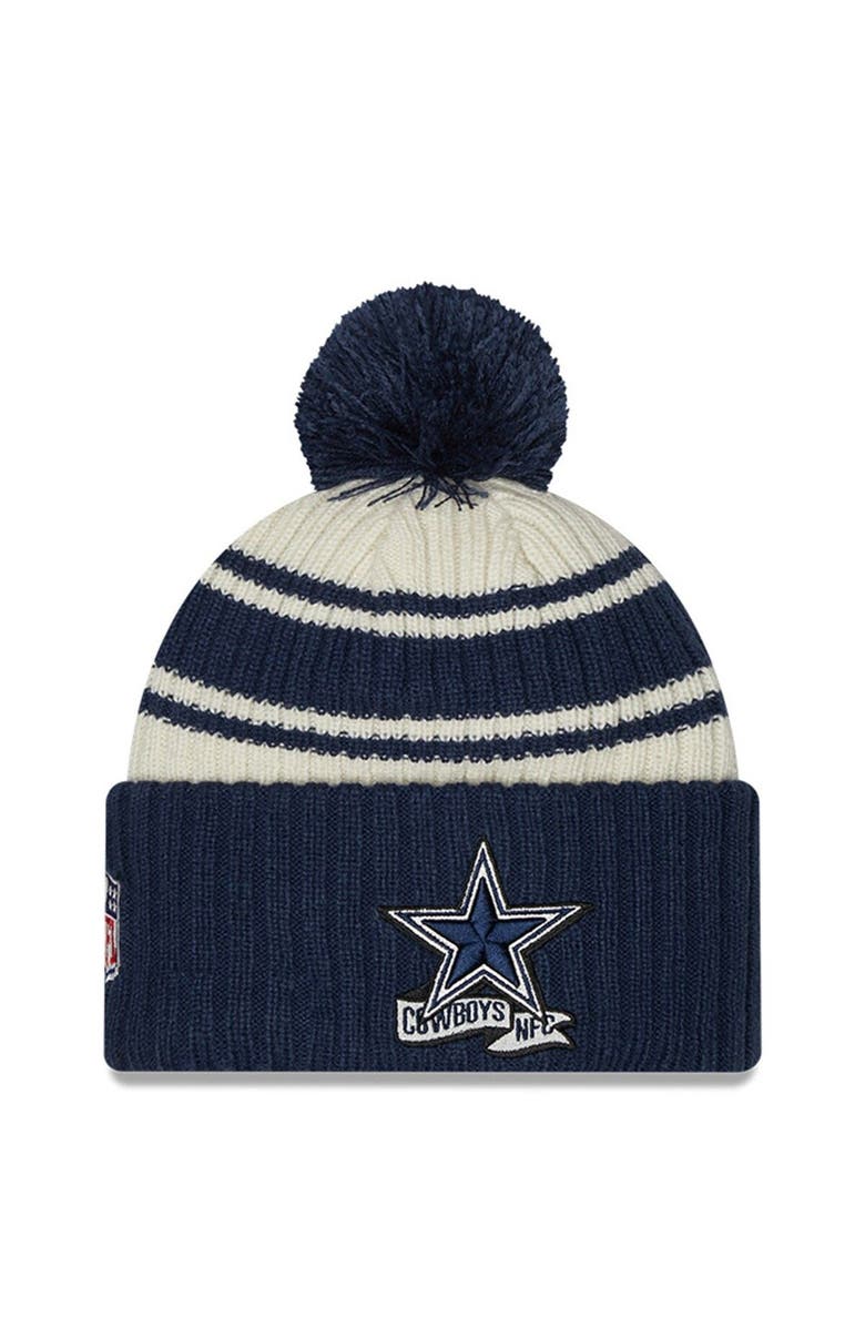 New Era Men's New Era Cream/Navy Dallas Cowboys 2022 Sideline Sport Cuffed Pom Knit Hat, Main, color, 