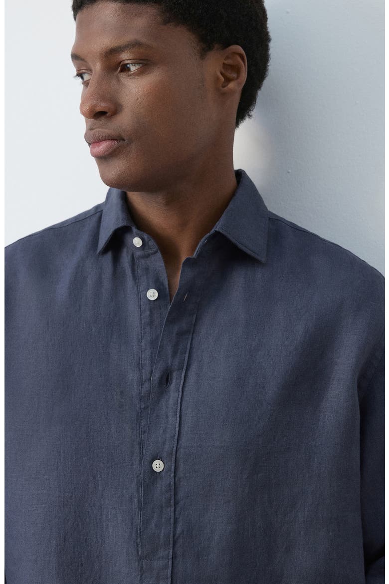 Long Sleeve Linen Polo Shirt, Alternate, color, INDIGO BLUE