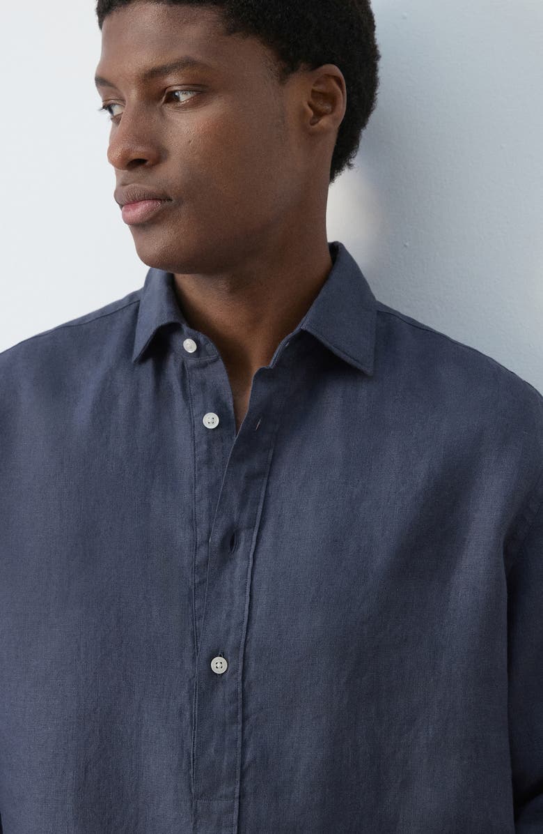 MANGO Long Sleeve Linen Polo Shirt, Alternate, color, Indigo Blue