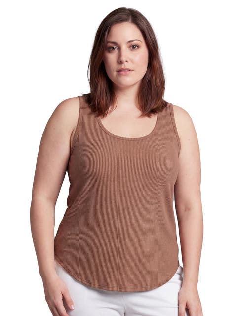 Curvy Basic Ribbed Knit Sleeveless Scoop Neck Long Flared Tank Top