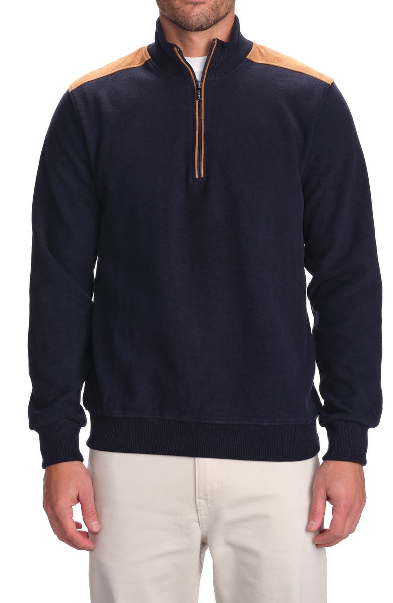 STUDIO GARNET LOS ANGELES Faux Leather Trim Quarter-Zip Pullover, Main, color, Navy
