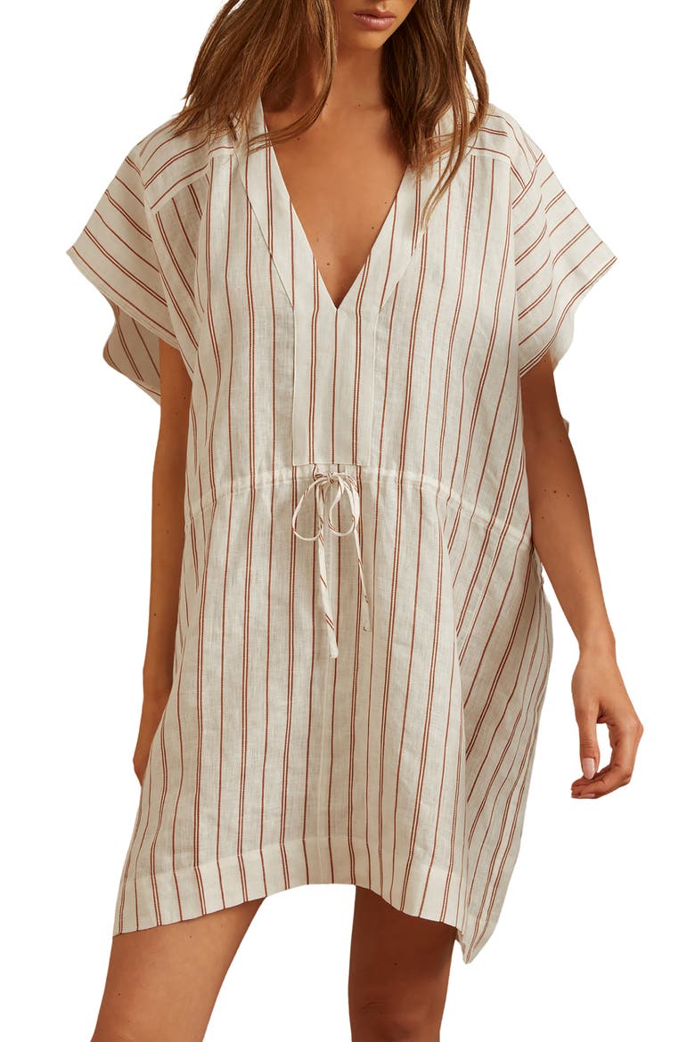 Romy Linen & Cotton Cover-Up Tunic, Main, color, CREAM/ BROWN