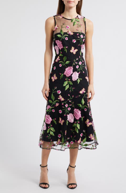 Butterfly Rose Embroidered Fit & Flare Dress