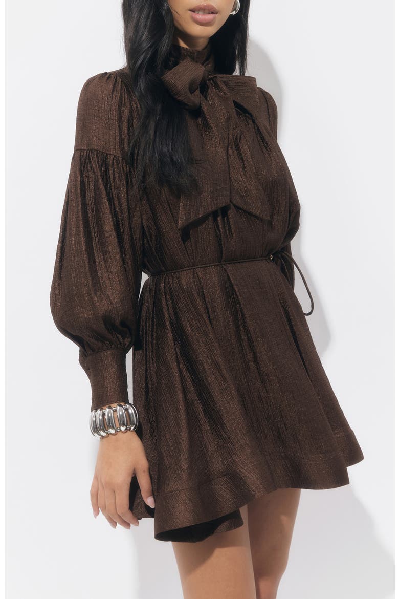 Daphne Metallic Long Sleeve Minidress, Alternate, color, CHOCOLATE BROWN