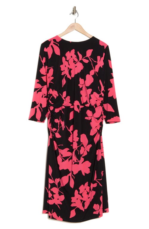 London Times Ruched Long Sleeve Midi Dress In Black/berry