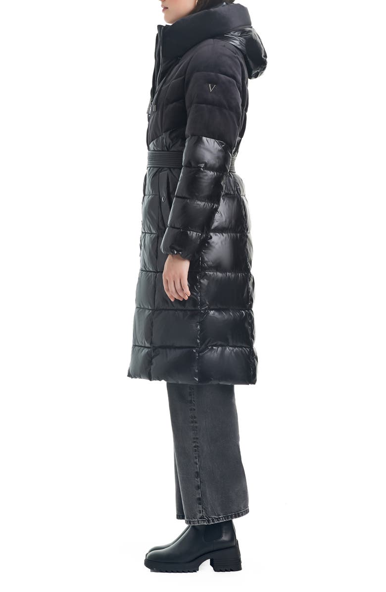 Vince Camuto Belted Mixed Media Hooded Puffer Coat, Alternate, color,