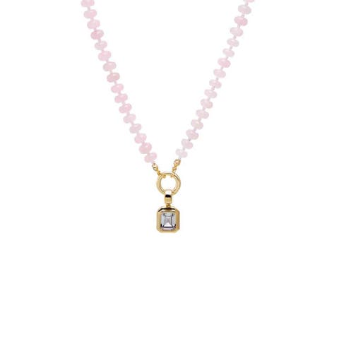 Colored Natural Stone Beaded /CZ Emerald Bezel Charm Necklace