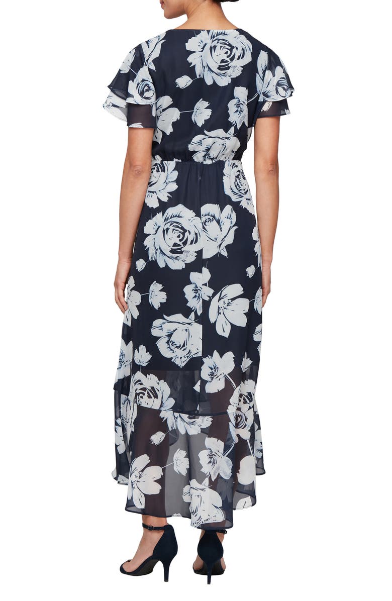 SL FASHIONS Floral Flutter Sleeve Faux Wrap Dress, Alternate, color, Navy Multi